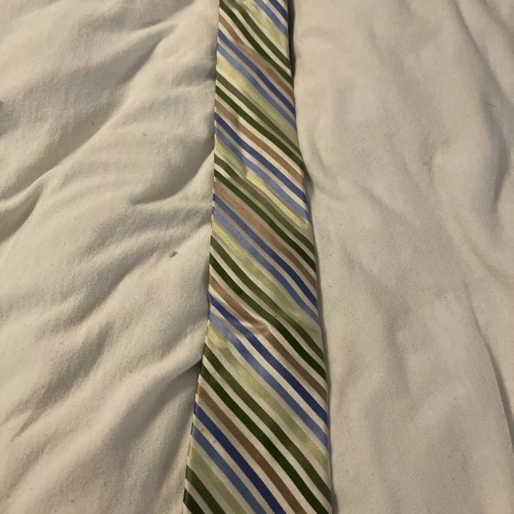 Striped Tie with Green, Blue, and Tan Accents